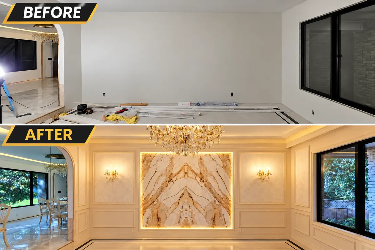 Before: empty room. After: dining room with marble panel, molding and chandelier