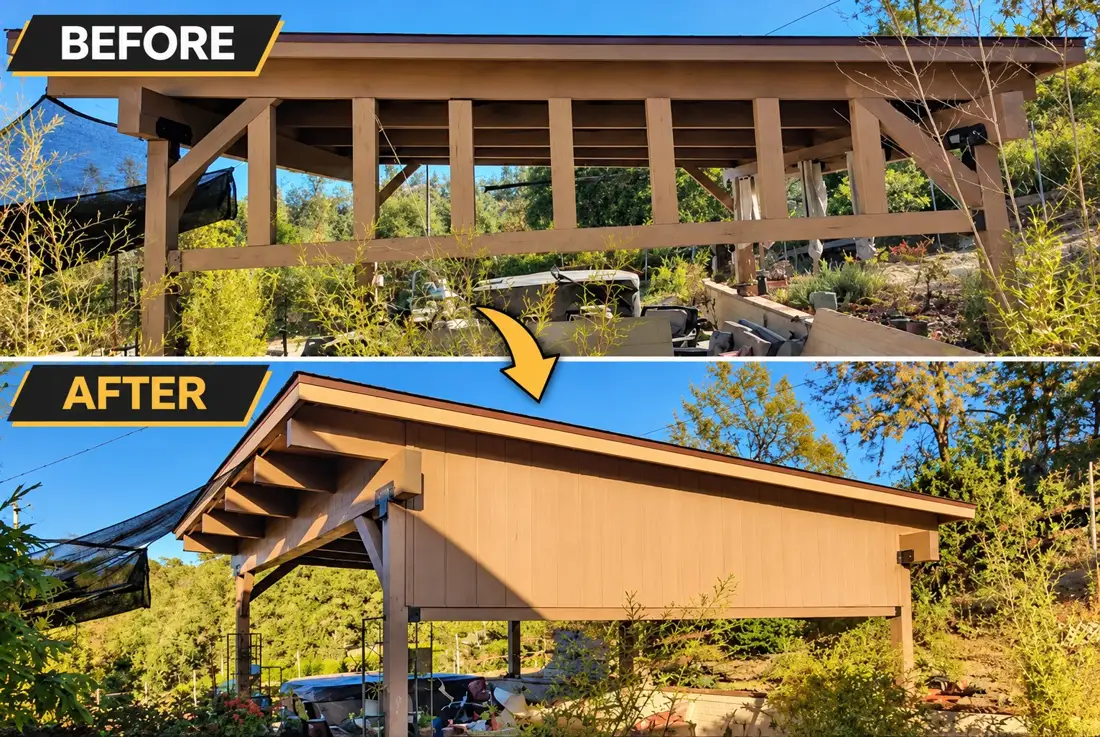 Before: open carport frame. After: closed in with siding and a roof