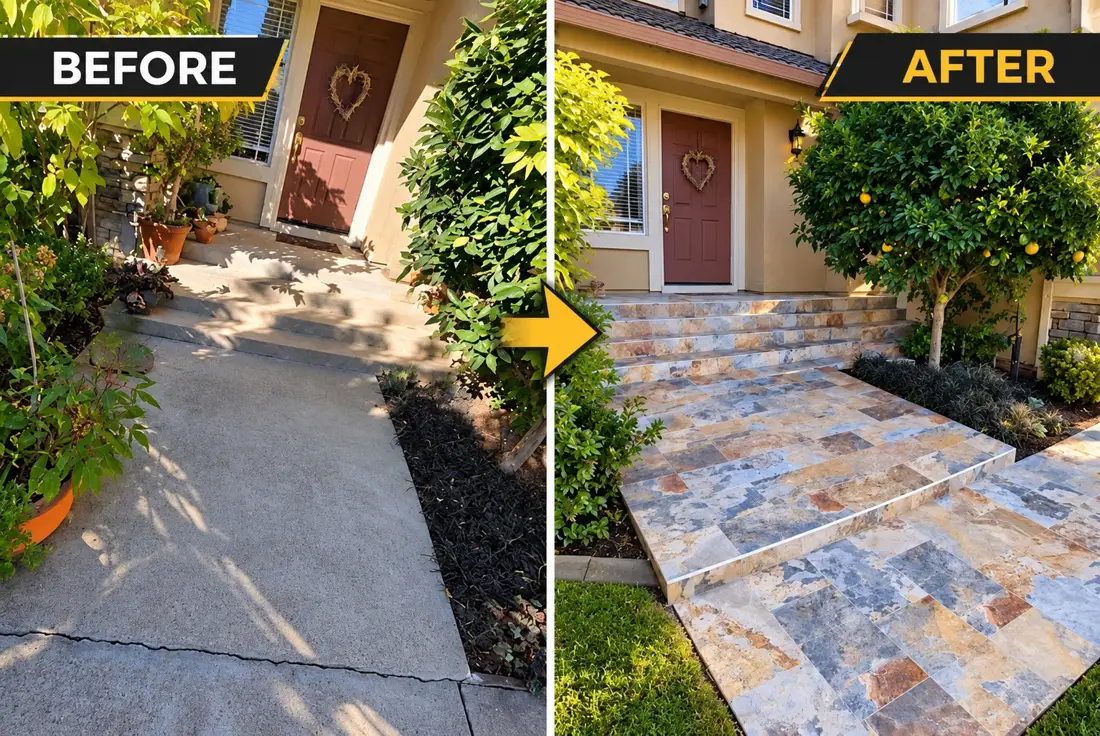 Before: cracked concrete entry. After: new stone tile steps and walkway