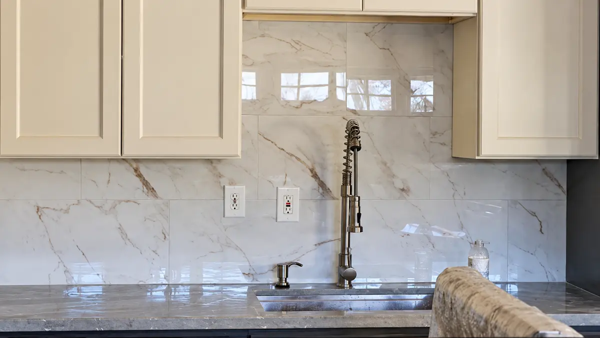 Kitchen backsplash in large marble-look tile