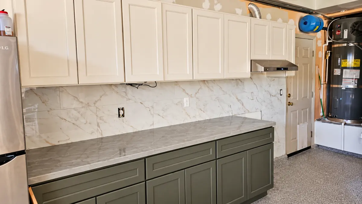 Long run of new kitchen cabinets with tile backsplash