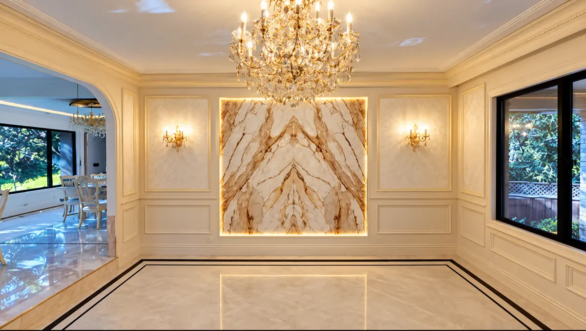 Dining room with a backlit marble feature panel, wall molding and chandelier
