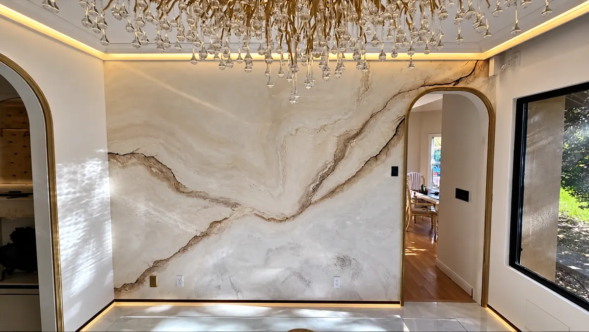 Marble-look accent wall with arched doorways and LED trim